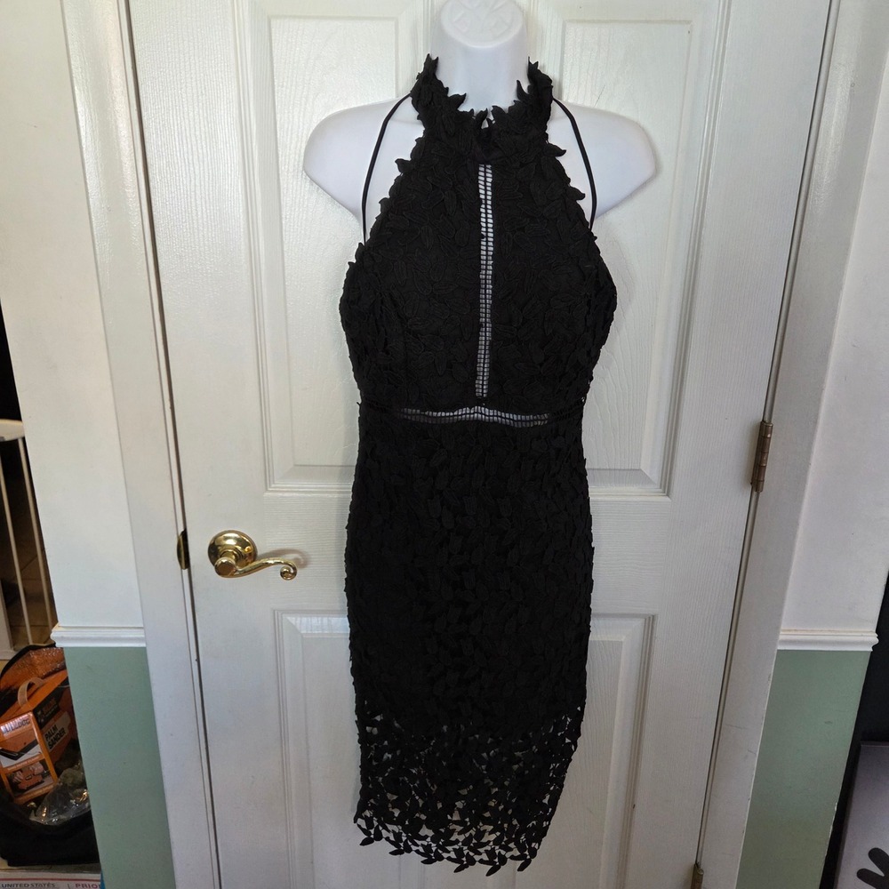 Bardot Black Lace Halter Midi Dress Women Size 6/S Leaf Guipure Bodycon Cocktail